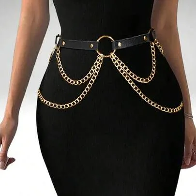 PU Leather Gold Waist Chain Body Harness Belt by SHEIN