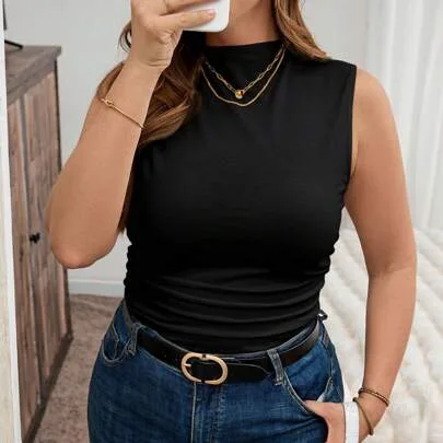 Ruched Slim Solid Collar Tank Top by SHEIN