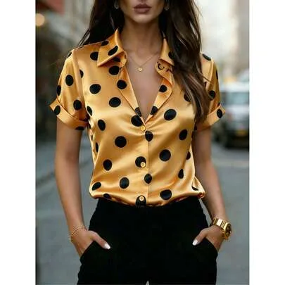Short Sleeve Polka Dot Satin Blouse, Button-Up Collar by Elegaris