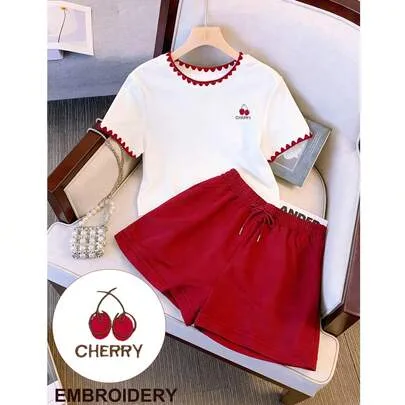 Crew Neck Short Sleeve Contrast Trim Cherry Embroidery T-Shirt and Shorts Set by Resyla
