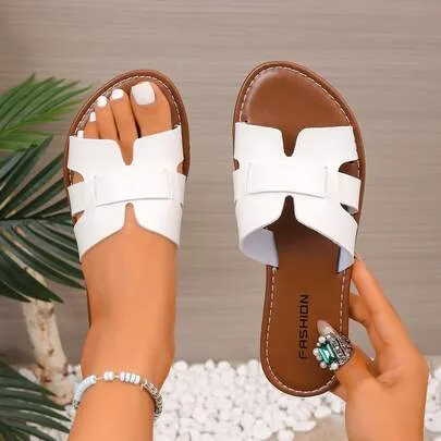 French H Cutout Flat Slide Sandals, White Leather with Brown Insole by SHEIN