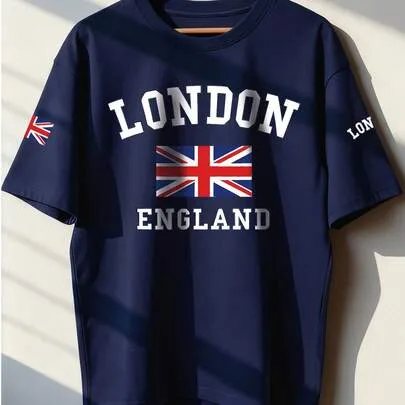 London Letter & Flag Print Round Neck Short Sleeve T-Shirt by SHEIN