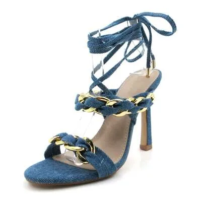 Lace-Up Heeled Sandals with Gold Chain Details by SHEIN