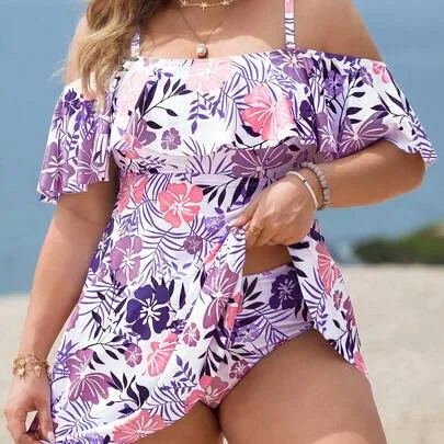 2pcs Casual Random Print Spaghetti Strap Ruffle Off-Shoulder Waist A-Line Split Swimsuit Dress by Swim Lushoire