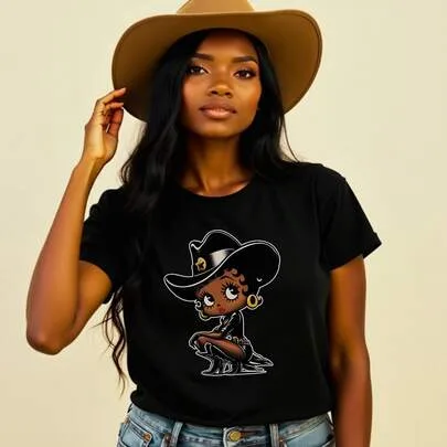 Betty Bo Op Cowboy Graphic Tee, Western Style Cowgirl Cartoon Shirt by SHEIN