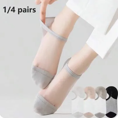 Sheer Solid-Color No-Show Anti-Slip Crystal Low-Cut Invisible Ankle Socks, 1/4 Packs by SHEIN