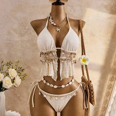 Textured Shell Knot Halter Tankini Swimwear by Mistrie