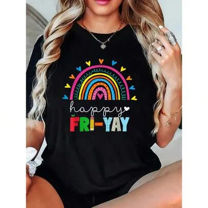 100% Cotton Happy Fri-Yay Friday Lovers Fun Teacher Life FriYay Weekend Graphic T-Shirt by SHEIN