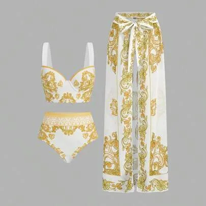 Baroque Print Sexy Bikini Set with Coverup and Skirt by Swim Oasis