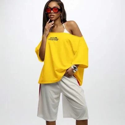 Oversized Off Shoulder Graphic Tee Statement Streetwear Sport Casual Top Slouchy Relaxed Workout by SUMWON