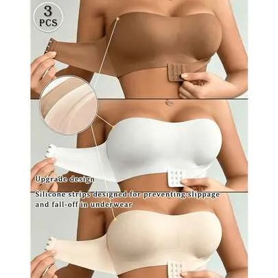 3pcs Strapless Bandeau Bra, Front Closure Wirefree Seamless Solid Color, Push Up Comfortable Underwear, Bralettes by SHEIN