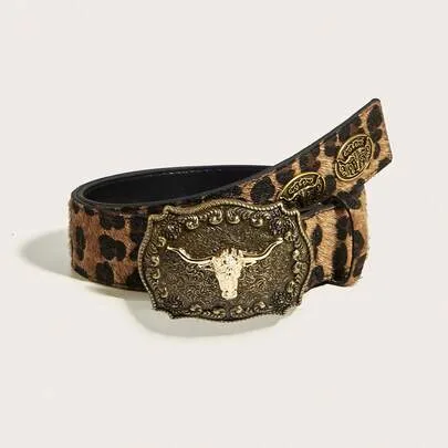 Carved Ox Head Fashion Buckle Ox Head Decor Velvet PU Dress Coat Jeans Decoration Vintage Western Style Belt by SHEIN