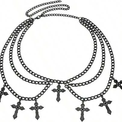 Cross Layered Waist Chain Belt - Punk Gothic Crossover Body Belly Chains Tassel by SHEIN