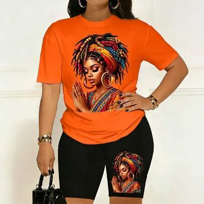 2 Piece African Style Graphic Printed Short Sleeve Round Neck Tee & Shorts Summer Sports Set by SHEIN