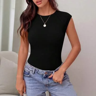 Ribbed Tank Tops Cap Sleeve Slim Fitted Knit Basic Casual Tee Shirts