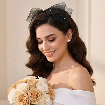 Silver Rhinestone Bow Headband Elegant Double Layer Black Mesh Princess Style Headband by SHEIN