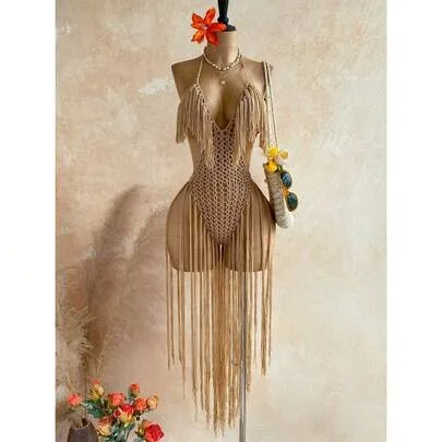 Hollow Out Design Halter Tassel Jumpsuit by SHEIN