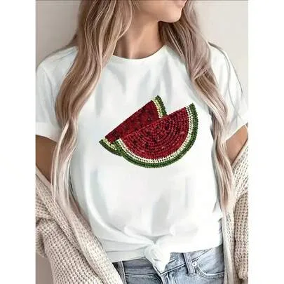 Sparkling Rhinestone Watermelon Print T-Shirt - Lightweight Short Sleeve Summer Top with Shimmering Fruit Design, Round Neck Casual Blouse by SHEIN