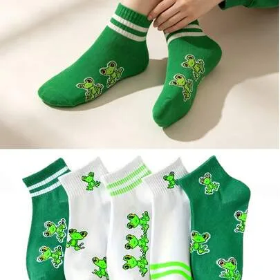 5 Pairs Cartoon Green Frog Short Socks, Preppy Casual Sports Socks by SHEIN