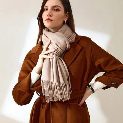 Tassel Faux Cashmere Long Scarf Solid Color Shawl 2-In-1 Thickened Warm by SHEIN