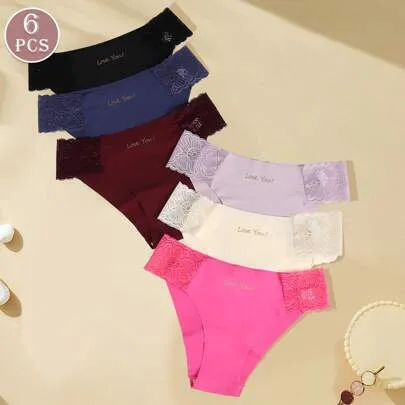 6-Pack Low Waist Lace Trim Solid Color Sexy Panties by MIOTAN