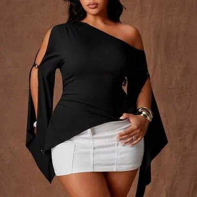 One-Shoulder Hollow Out Flare Sleeve Top