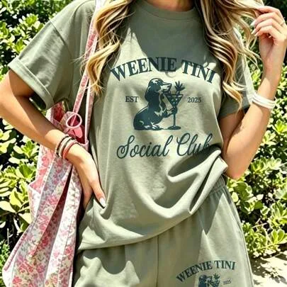 2 Piece Shorts Set Weenie Tini Social Club Cocktail Dog Print Soft Casual Crewneck T-Shirt by SHEIN