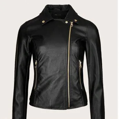 Pleather Chic Motorcycle Biker Jacket with Gold Tone Zippers
