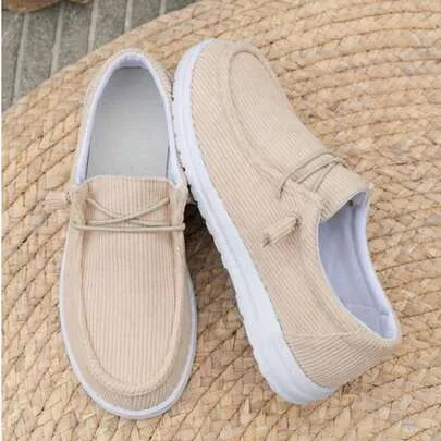 Corduroy Slip on Boat Shoes, Casual Platform Low Top Loafers, Lightweight Comfort Walking Sneakers with Adjustable Lace Detail by SHEIN