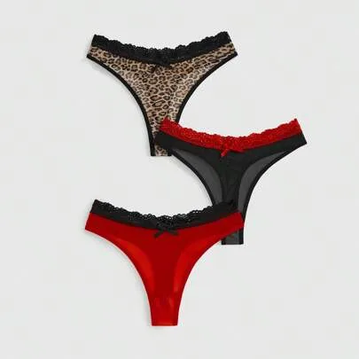 3pcs Y2K Harajuku Leopard Print Mesh & Lace Trim Narrow Band Brief Panty Set by ROMWE