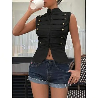 Fitted Zip-Front Napoleon/Military Jackets Vest by SHEIN