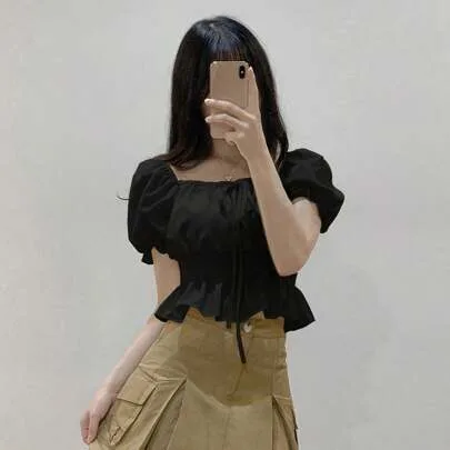 Knot Waist Puff Sleeve Short Sleeve Blouse, Babydoll Top by DAZY