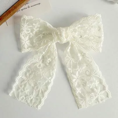 Elegant White Lace Ribbon Bow Hair Clip Set by SHEIN