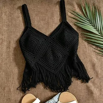 Vacation Crochet Tassel Hem V-Neck Knit Top by Resyla