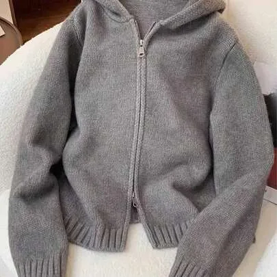 Hooded Knit Jacket, Zip Up Ribbed Long Sleeve Drop Shoulder Cardigan, Casual Minimalist Sweater by SHEIN