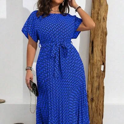 Crew Neck Short Sleeve All-Over Print Casual Front Tie Maxi Dress by Vionelle