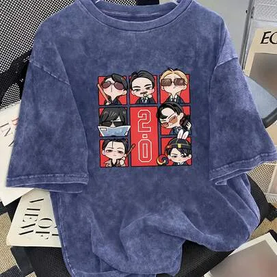 100% Pure Cotton Vintage Washed T-Shirt, Fun Tour, Street Korean-Style Loose Clothing by SHEIN