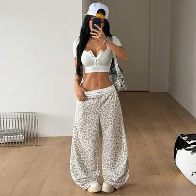 Leopard Color-Blocked Baggy Wide Leg Sweatpants by Coolane