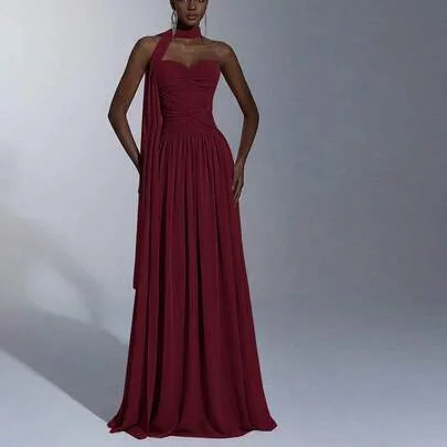 Chiffon Strapless Ruched Asymmetric Twist Maxi Dress, Adjustable Tie Waist, Detachable Halter, Formal Evening Gown by Elitara