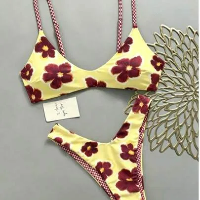 Lucky Girl Reversible Plaid & Floral Print Tie-Back Two Pieces Bikini Set