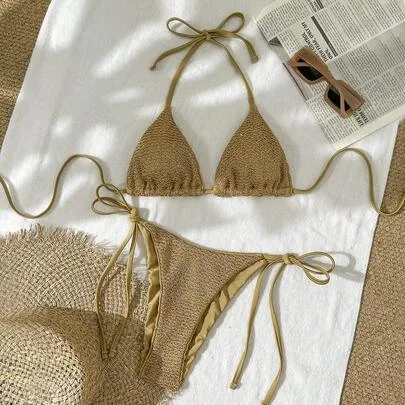 Swim MOD 2-Piece Gold Sequin Textured Bikini Set, Halter Triangle Bra and Side Tie String Bathing Suits by Costavie