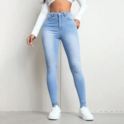 Front Button Multi-Pocket Casual Denim Pants by Jeanoix