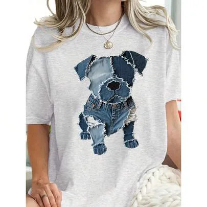 Retro Fun Denim Patch Animal Dog Print Short Sleeve T-Shirt by SHEIN