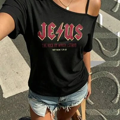 C-PICK Jesus Rock on Which I Stand Off Shoulder T-Shirt Christian Faith Inspired Graphic Tee by SHEIN