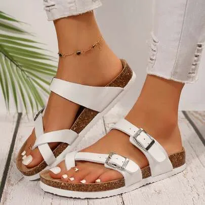 Slip-On Sandals with Adjustable Buckle, Round Toe and Cork Footbed Slides by SHEIN