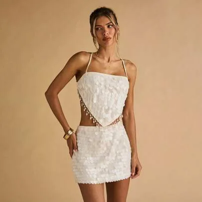 Beaded Glittery Sequins Tassel Hem Tie Strap Backless Camisole Crop Top by SHEIN