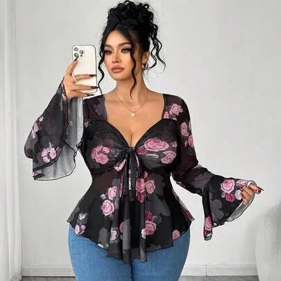 Valentine's Day Floral Print Flare Sleeve T-Shirt by Elenzga
