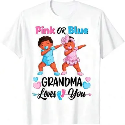 Cotton Shortsleeve Pink or Blue Grandma Loves You Baby Gender Reveal Tee by SHEIN