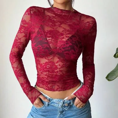 Lace Elastic Peony Flower Sheer Blouse by EgrlEra