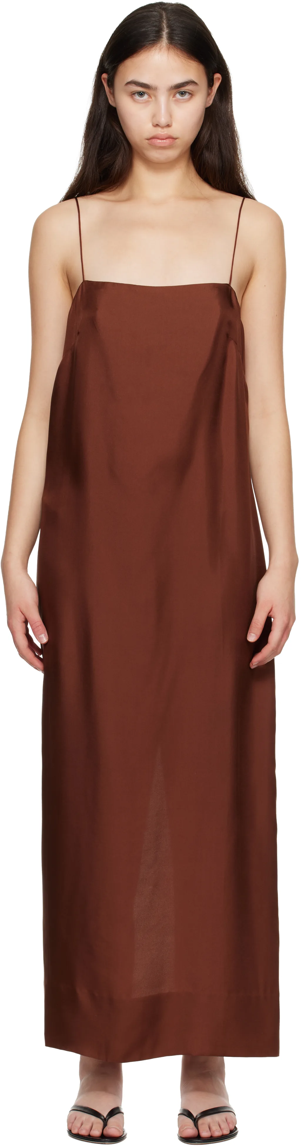 Brown 90s Silk Twill Slip Midi Dress